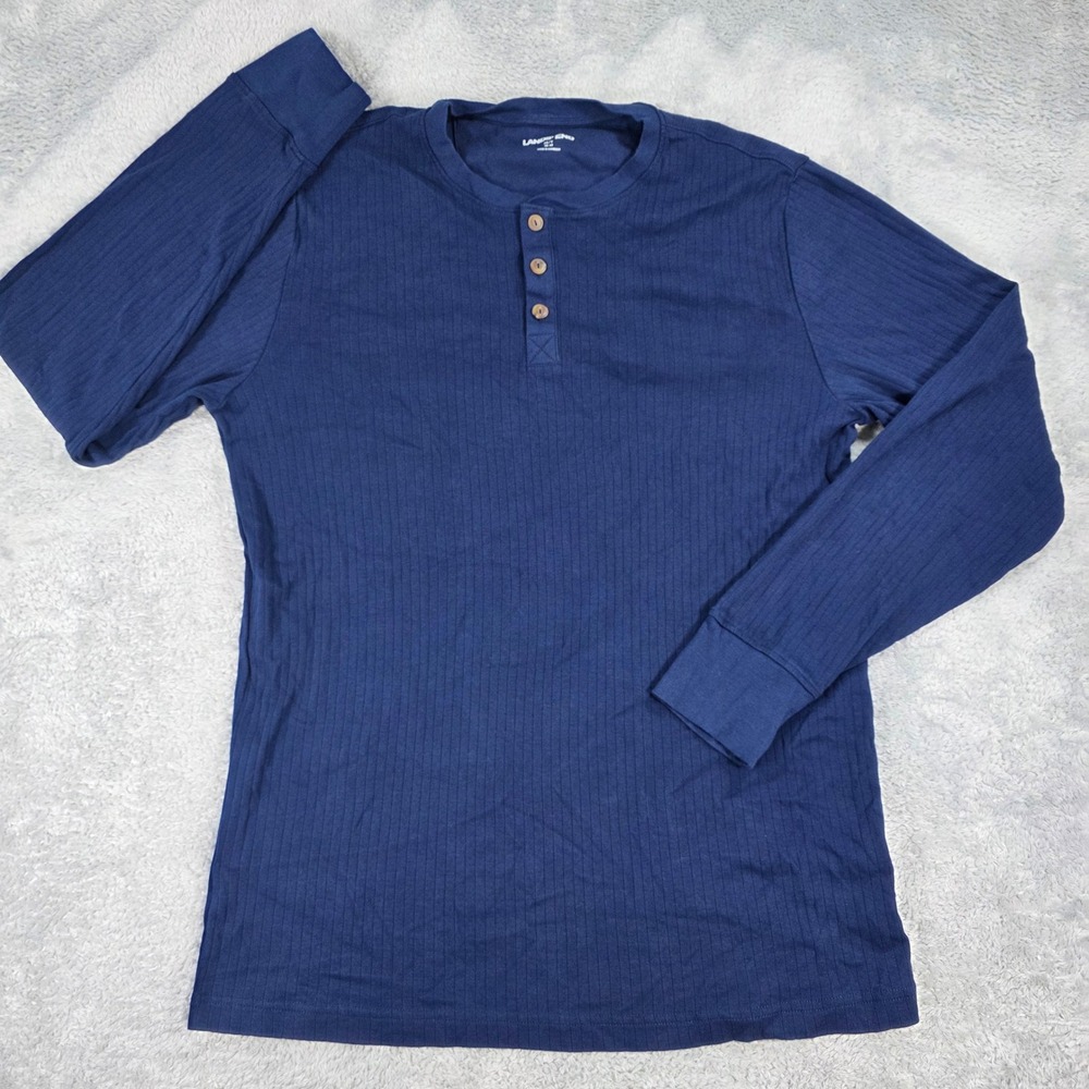 Lands End Ribbed Henley Long Sleeve Shirt Navy Blue Med / Tall Mens Casual